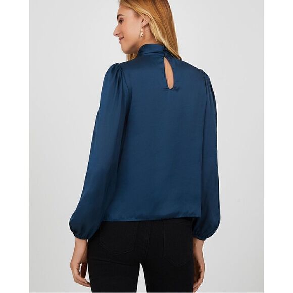 Suzy Shier Satin Top Blouse Long Balloon Sleeve Blue Womens Size Large NEW w Tag - Picture 3 of 12